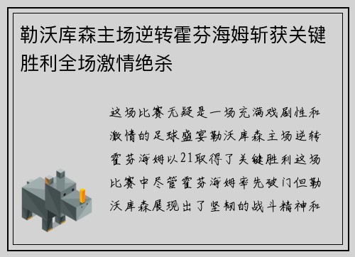 勒沃库森主场逆转霍芬海姆斩获关键胜利全场激情绝杀