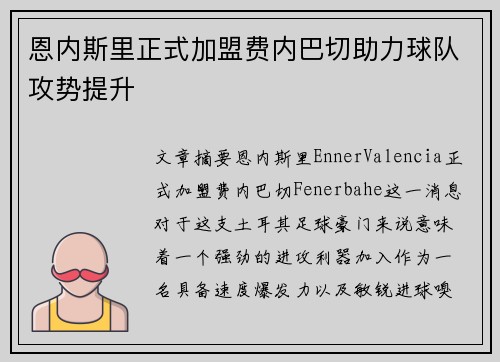恩内斯里正式加盟费内巴切助力球队攻势提升