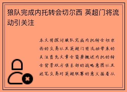 狼队完成内托转会切尔西 英超门将流动引关注